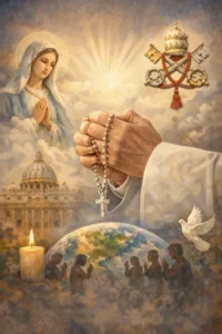 Hands of a pope praying the rosary for the intentions of the Holy Father