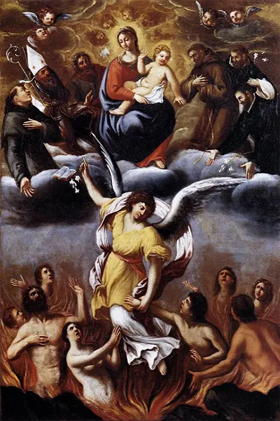 Mary, Queen of the Holy Souls, interceding for the souls in purgatory