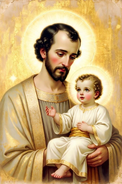 Saint Joseph holding the Infant Jesus with gentle Christmas light, protective posture, holy card style.