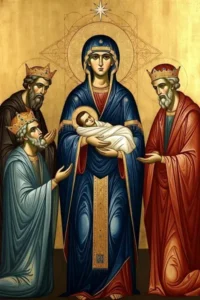 Byzantine-style icon of the Epiphany showing the Virgin Mary holding the baby Jesus with the Three Magi adoring Him.