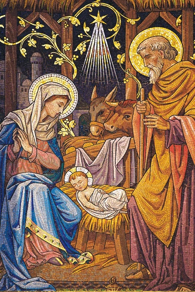 Holy Family vintage Catholic holy card illustration with Jesus, Mary, and Joseph.