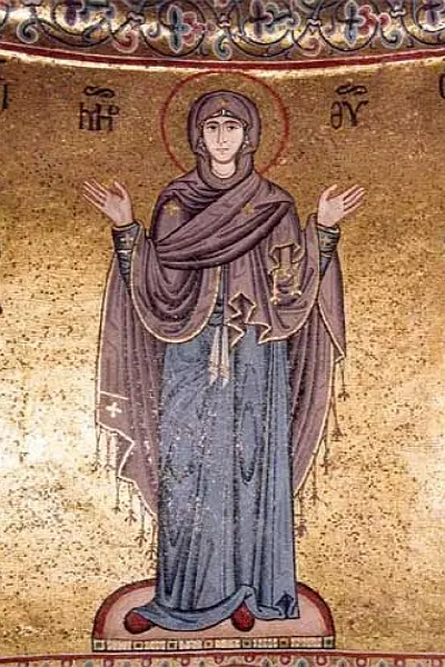 irgin Mary in the Orans posture, early Christian iconography of Marian prayer and protection