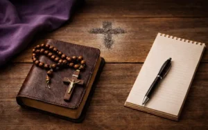 Catholic Lenten devotion with a wooden cross, Bible, rosary, and simple fasting meal for Lent 2026