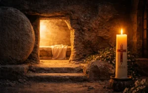 Holy Saturday tomb of Jesus with Paschal candle symbolizing the silence before the Resurrection