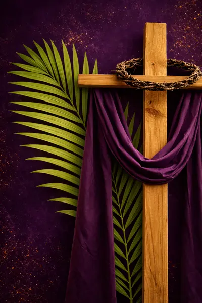Palm Sunday cross and palm branch with purple cloth
