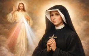 Saint Faustina Kowalska praying with Divine Mercy image of Jesus in the background