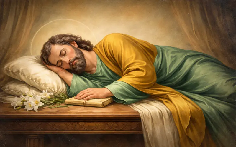 Sleeping Saint Joseph resting peacefully with lilies, symbol of trust in God's providence