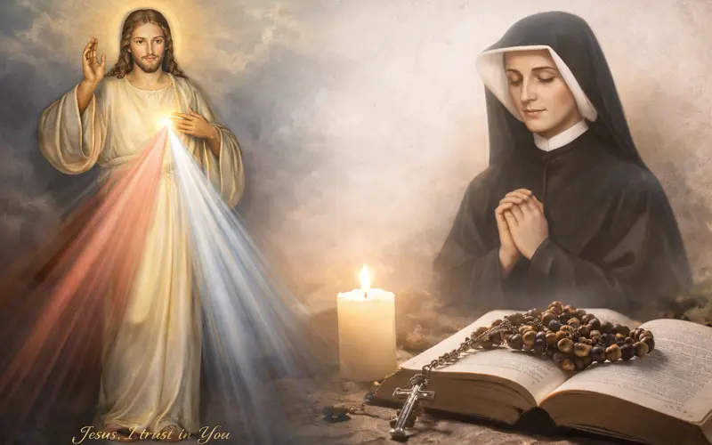 Divine Mercy image of Jesus with red and pale rays and Saint Faustina in prayer beside a candle, rosary, and open Bible