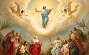 The Ascension of Jesus Christ into heaven surrounded by light and angels