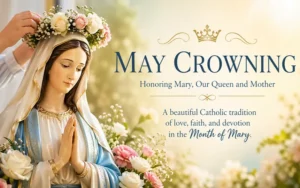 Statue of the Blessed Virgin Mary being crowned with flowers during a May Crowning, a traditional Catholic devotion in May