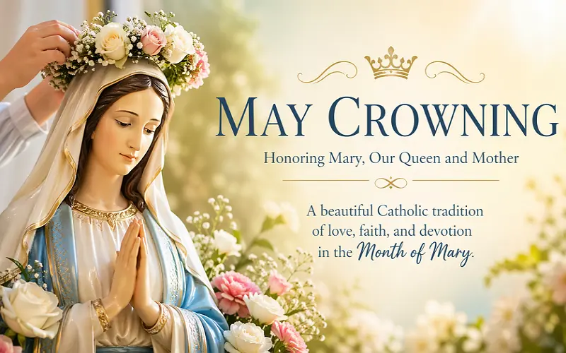 Statue of the Blessed Virgin Mary being crowned with flowers during a May Crowning, a traditional Catholic devotion in May
