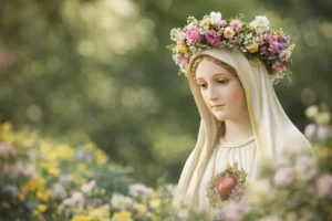 The Blessed Virgin Mary crowned with flowers during the Month of Mary in May, symbol of devotion and prayer