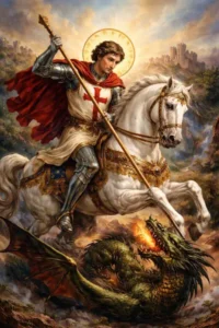 Saint George defeating the dragon symbolizing courage, protection, and victory over evil