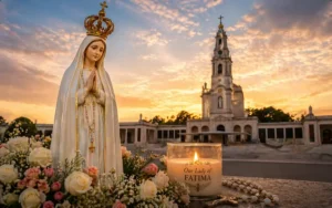 Statue of Our Lady of Fátima with rosary and candle at sunset, symbol of prayer and devotion for her May 13 feast day