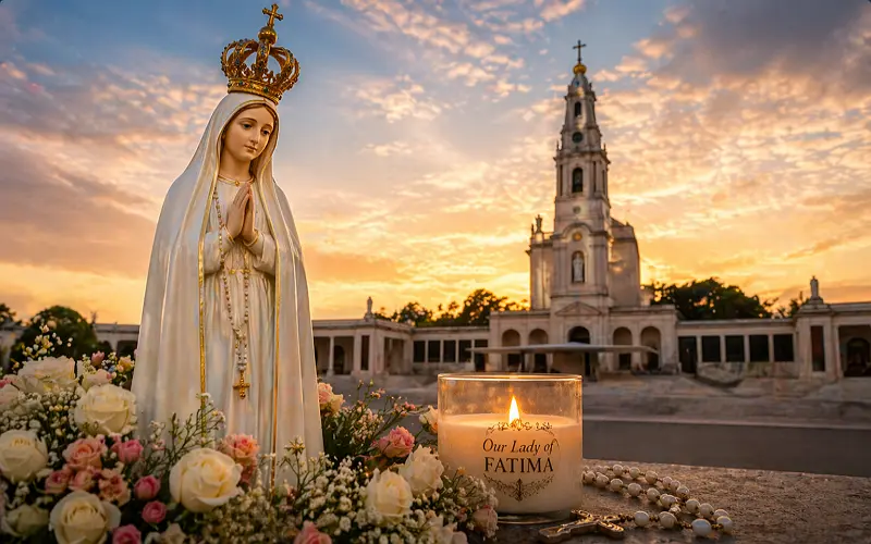 Statue of Our Lady of Fátima with rosary and candle at sunset, symbol of prayer and devotion for her May 13 feast day