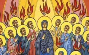 Pentecost scene with the Holy Spirit descending upon Mary and the apostles with tongues of fire