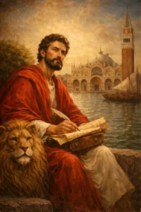 Saint Mark the Evangelist writing his Gospel with a lion beside him in Venice, symbol of courage and evangelization