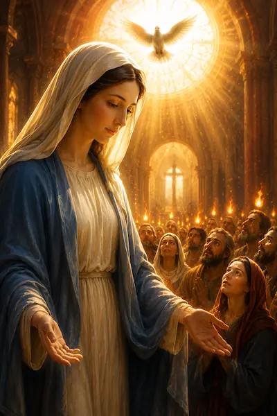 Mary, Mother of the Church surrounded by the faithful in prayer after Pentecost