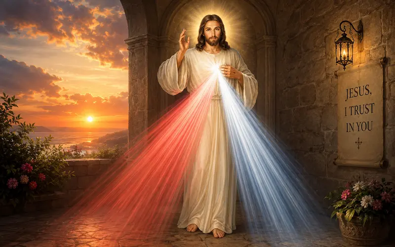 Jesus of Divine Mercy with the red and pale rays flowing from His Sacred Heart