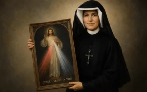 Saint Faustina Kowalska holding the Divine Mercy image revealed by Jesus Christ