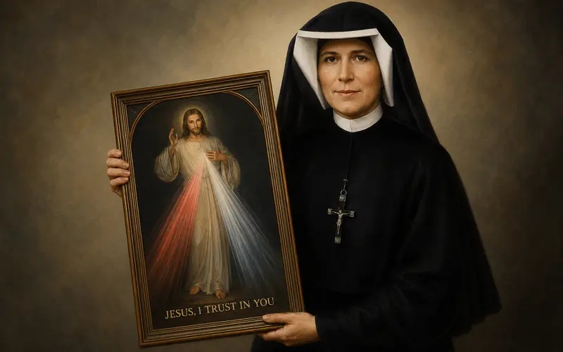 Saint Faustina Kowalska holding the Divine Mercy image revealed by Jesus Christ