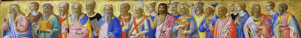 Catholic saints and prophets gathered around Christ in a classical religious painting