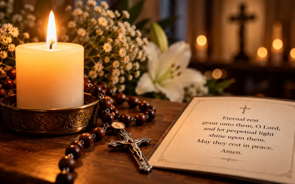 Lit candle beside a rosary, a short prayer for the souls in purgatory