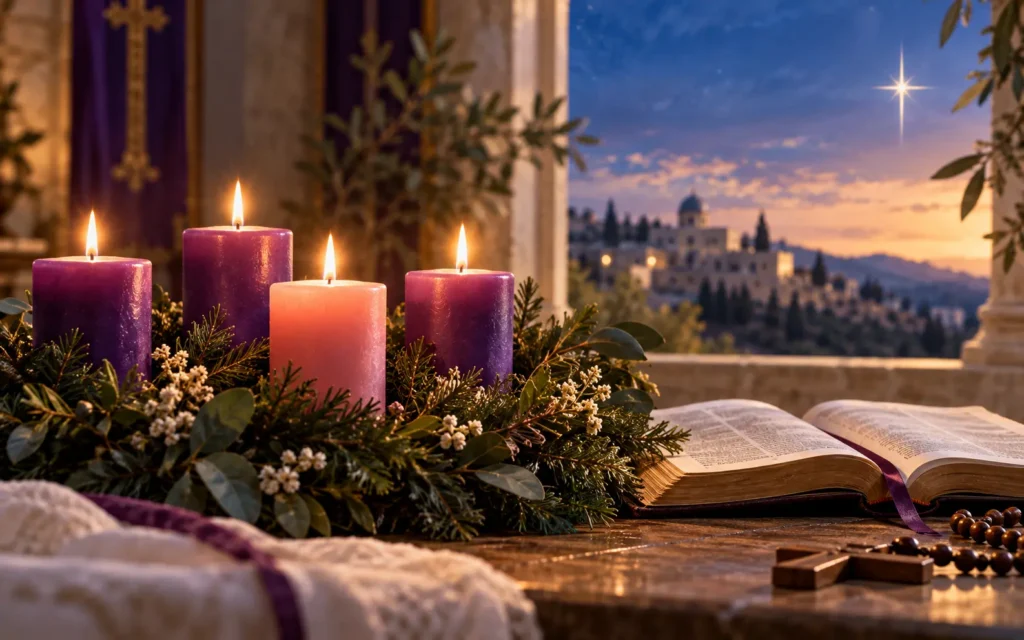 Advent candles in violet and rose beside an open Bible, symbolizing prayer and spiritual preparation for Christmas.